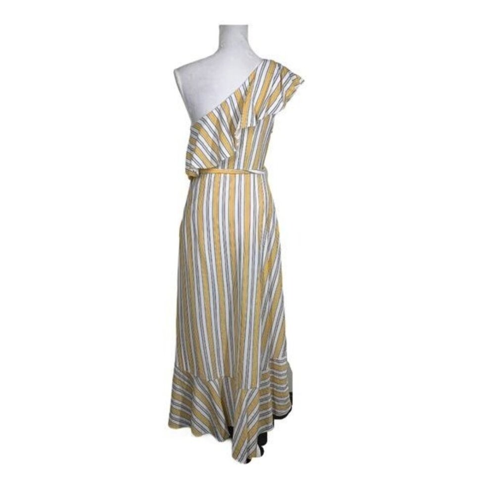 Lulus One Shoulder Maxi Dress Medium Yellow Striped Ruffle Boho - Picture 2 of 9